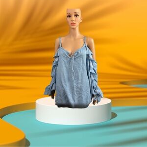 Denim straps and off the shoulder blouse